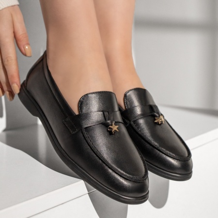Pantofi casual dama, Pantofi casual dama cu accesoriu decorativ negri din Piele naturala ZLZ13134, elaza.ro