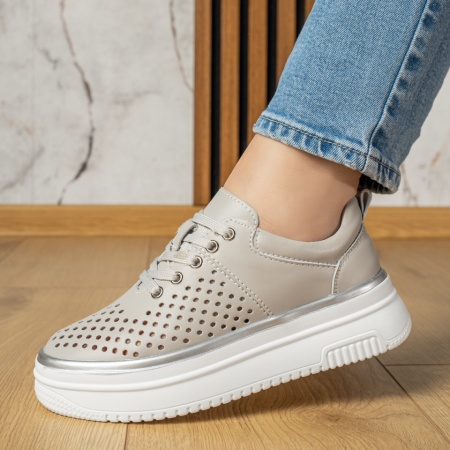Pantofi casual dama cu siret si perforatii gri din Piele naturala ZLZ13245, 2, elaza.ro