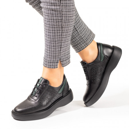 Pantofi casual dama, Pantofi dama casual cu siret negri cu verde din Piele naturala ZLZ10215, elaza.ro