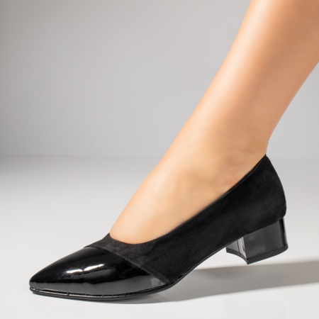 Pantofi cu toc mic, Pantofi dama cu toc mic negru suede din Piele naturala ZLZ12143, elaza.ro