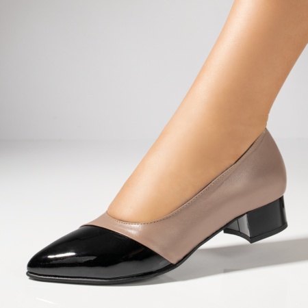 Pantofi cu toc mic, Pantofi dama cu toc mic nude cu negru lucios din Piele naturala ZLZ12143, elaza.ro
