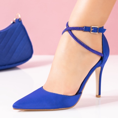 Pantofi cu toc, Pantofi dama cu toc subtire si bareta cu strasuri albastri din satin ZLZ09038, elaza.ro