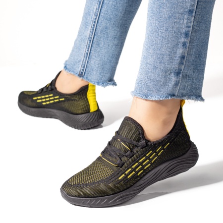 Pantofi sport dama, Pantofi dama sport din material textil negru cu galben ZLZ03784, elaza.ro