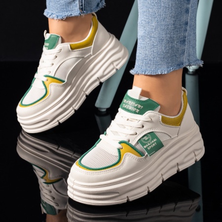 Pantofi sport dama, Pantofi sport dama cu siret si talpa groasa bej cu verde ZLZ09492, elaza.ro