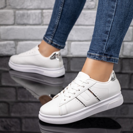 Pantofi sport dama, Tenisi dama cu siret albi cu argintiu ZLZ09720, elaza.ro