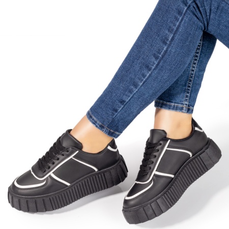 Pantofi sport dama, Tenisi dama cu siret si talpa groasa negri cu alb ZLZ09715, elaza.ro
