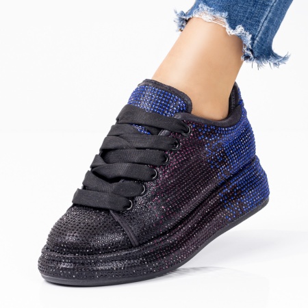Pantofi sport dama, Tenisi dama negri cu insertie de pietre rosii si albastre ZLZ08105, elaza.ro