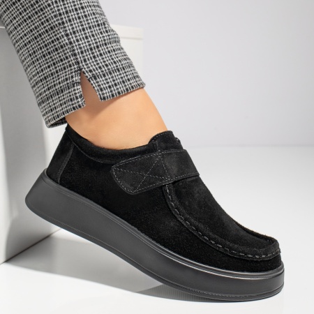 Pantofi casual dama cu talpa joasa negru suede din Piele naturala ZLZ12285, 2, elaza.ro