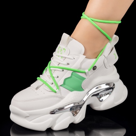 Pantofi sport dama cu talpa groasa si accesoriu detasabil albi cu verde ZLZ09778, 2, elaza.ro
