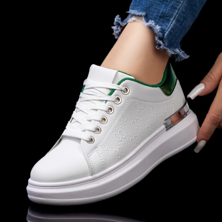 Pantofi sport dama, Tenisi dama cu siret albi cu verde ZLZ08047, elaza.ro