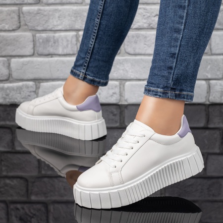 Pantofi sport dama, Tenisi dama cu talpa groasa albi cu mov ZLZ05868, elaza.ro