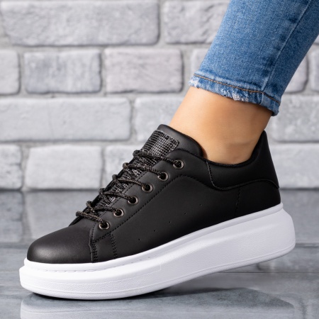 Pantofi sport dama, Tenisi dama cu talpa groasa si strasuri negri ZLZ09253, elaza.ro