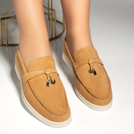 Balerini si Mocasini Dama, Mocasini dama cu accesoriu decorativ galben suede din Piele naturala ZLZ13276, elaza.ro