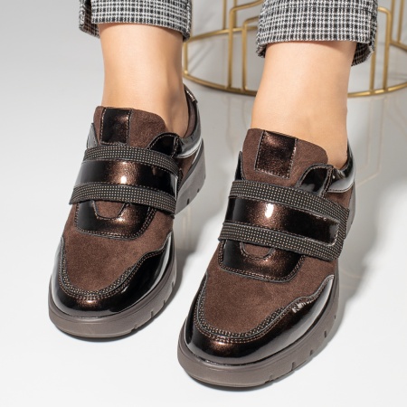 Pantofi casual dama cu platforma si inchidere cu scai maro luciosi ZLZ11943, 2, elaza.ro
