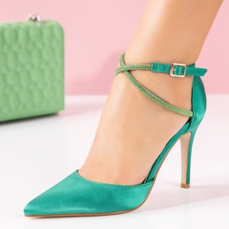 Pantofi cu toc, Pantofi dama cu toc subtire si bareta cu strasuri verzi din satin ZLZ09038, elaza.ro