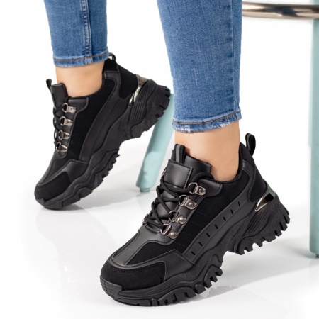 REDUCERI INCALTAMINTE, Pantofi dama sport cu siret si talpa groasa negri ZLZ09790, elaza.ro