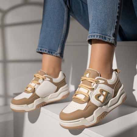 Pantofi sport dama cu talpa groasa albi cu khaki ZLZ11743, 2, elaza.ro