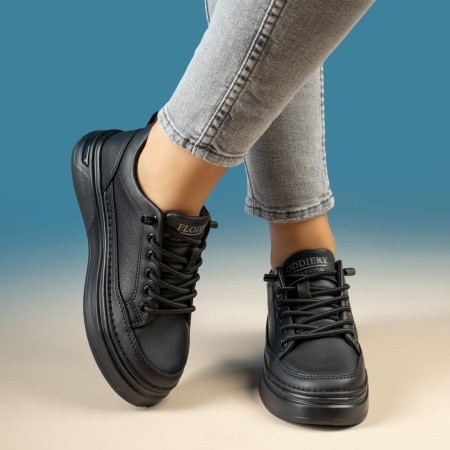 Pantofi sport dama, Tenisi dama cu siret elastic si talpa groasa negri ZLZ19378, elaza.ro