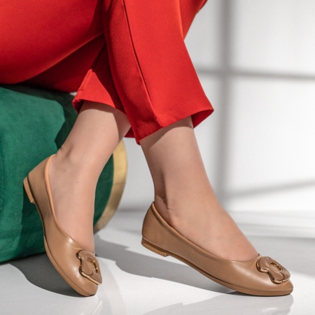 Balerini si Mocasini Dama, Balerini dama cu accesoriu decorativ khaki ZLZ11198, elaza.ro