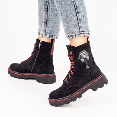 Bocanci negri cu rosu suede dama cu siret si fermoar ZLZ07155, 2, elaza.ro