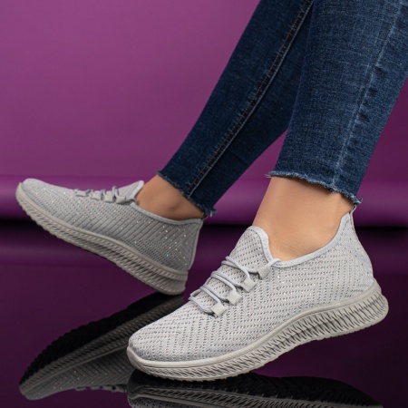 Espadrile sport dama cu siret si strasuri din material textil gri ZLZ10998, 2, elaza.ro