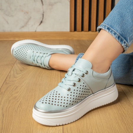 Pantofi casual dama, Pantofi casual dama cu siret si perforatii albastri din Piele naturala ZLZ13245, elaza.ro