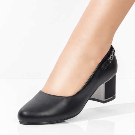 Pantofi dama cu toc gros si accesoriu decorativ la spate negri ZLZ08345, 2, elaza.ro