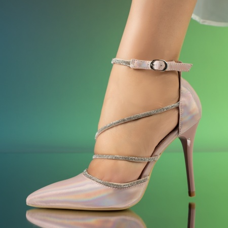 Pantofi cu toc, Pantofi dama cu toc subtire si bareta roz cu reflexii ZLZ13912, elaza.ro