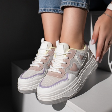 Pantofi sport dama albi cu gri si roz ZLZ11670, 2, elaza.ro
