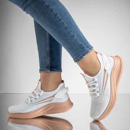 Pantofi sport dama, Pantofi sport dama cu siret din material textil alb cu roz deschis ZLZ13183, elaza.ro