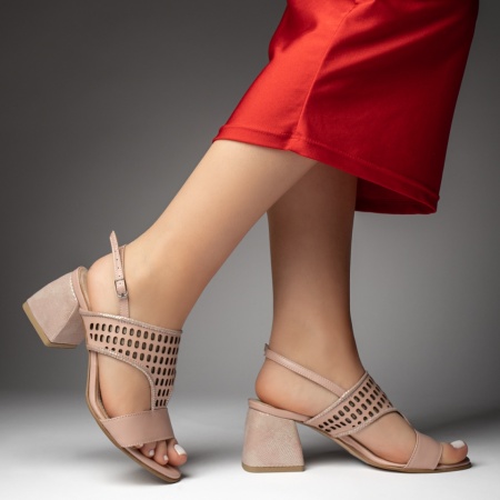Sandale dama cu toc gros si perforatii roz sidefat din Piele naturala ZLZ13449, 2, elaza.ro