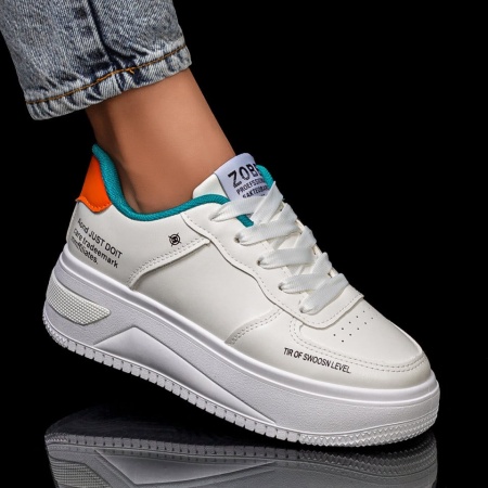Pantofi sport dama, Tenisi albi cu model verde dama cu siret si talpa groasa ZLZ06317, elaza.ro
