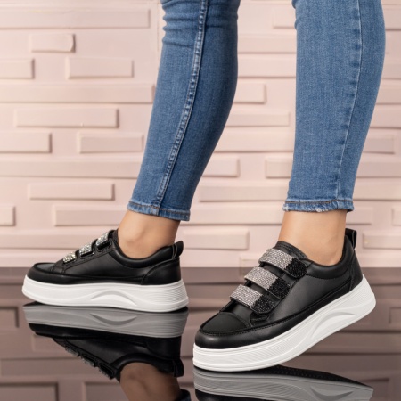 Pantofi sport dama, Tenisi dama negri cu talpa groasa si strasuri atasate ZLZ10059, elaza.ro