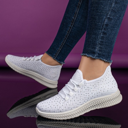 Espadrile sport dama cu siret si strasuri din material textil albe ZLZ10998, 2, elaza.ro