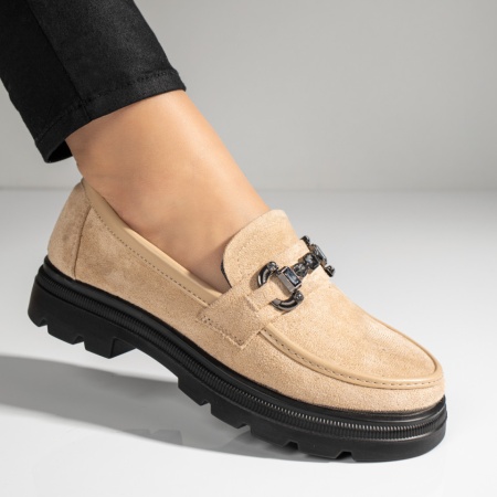 Pantofi casual dama, Pantofi casual dama bej suede cu talpa groasa si accesoriu metalic ZLZ10976, elaza.ro
