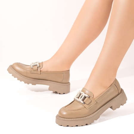 Pantofi casual dama, Pantofi casual dama cu accesoriu metalic din Piele naturala bej ZLZ10413, elaza.ro