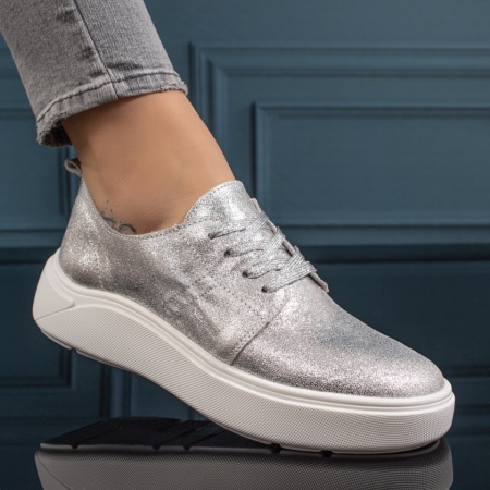 Pantofi casual dama cu siret si talpa groasa argintii din Piele naturala ZLZ11132, 3, elaza.ro