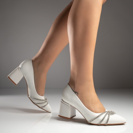 Pantofi cu toc gros, Pantofi cu toc gros dama albi ZLZ11735, elaza.ro