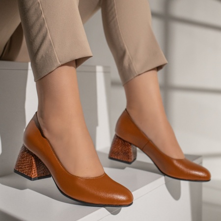 Pantofi cu toc gros, Pantofi cu toc gros dama maro din Piele naturala ZLZ12048, elaza.ro