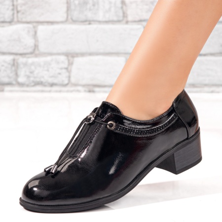 Pantofi cu toc mic, Pantofi dama cu toc mic negri cu aspect lucios ZLZ01767, elaza.ro