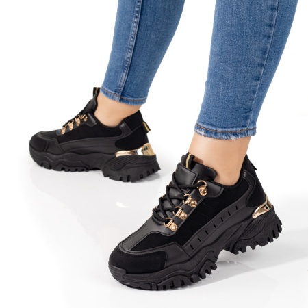 REDUCERI INCALTAMINTE, Pantofi dama sport cu siret si talpa groasa negri cu auriu ZLZ09790, elaza.ro