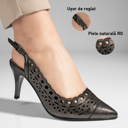 Sandale dama perforate cu toc subtire negre din Piele naturala ZLZ11307