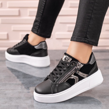 Pantofi sport dama, Tenisi dama cu siret si talpa groasa negri ZLZ09602, elaza.ro