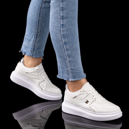 Pantofi sport dama, Tenisi dama cu talpa groasa albi cu argintiu ZLZ09599, elaza.ro
