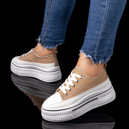 Pantofi sport dama, Tenisi dama cu talpa groasa bej cu alb ZLZ09706, elaza.ro