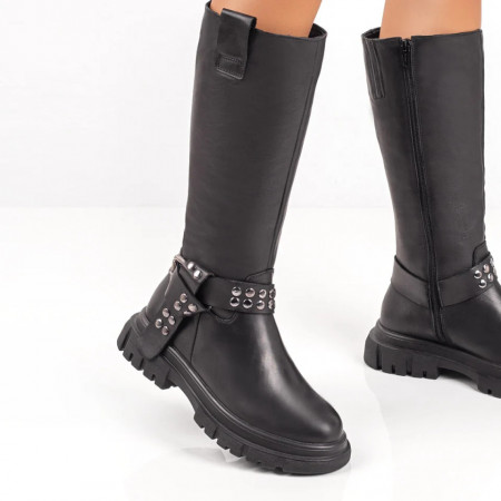 Cizme dama negre din Piele naturala cu fermoar si aplicatii metalice ZLZ06579