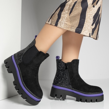 Ghete imblanite dama, Ghete dama cu glitter negru suede ZLZ12262, elaza.ro