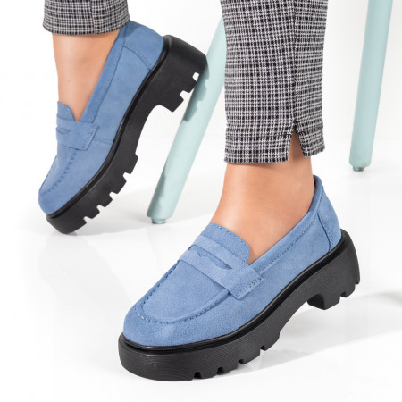 Mocasini dama cu talpa groasa din Piele naturala albastri suede ZLZ09889