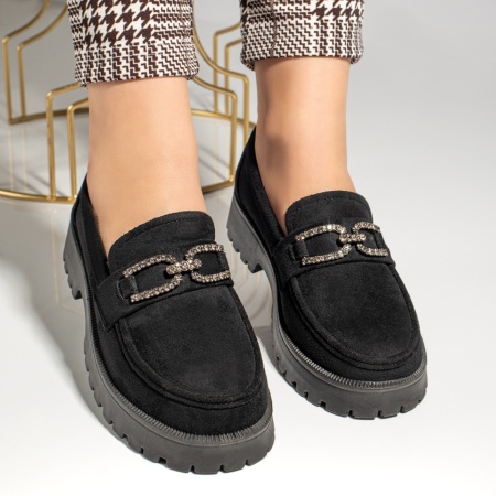 Pantofi casual dama, Pantofi casual dama cu accesoriu metalic si talpa groasa negru suede ZLZ12988, elaza.ro