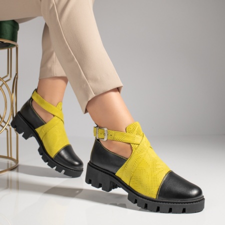 Pantofi casual dama, Pantofi casual dama cu bareta negri cu galben din Piele naturala ZLZ10375, elaza.ro